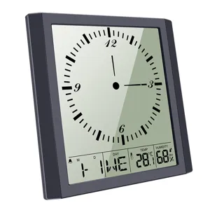 Multifunctional digital wall clock with clear LCD screen, indoor thermometer and hygrometer.