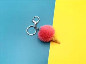 Close-up of the plush pompom and textured ice cream cone on the creative keychain