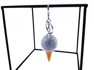 Detailed view of a cute grey plush ice cream cone keychain with metal ring clasp