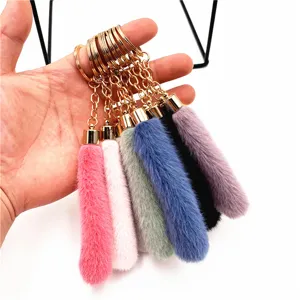 Colorful faux fur tassel keychains with gold metal rings for bag charms and car keys