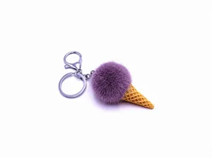 Macro view showing the soft purple fur and waffle cone details of the keychain