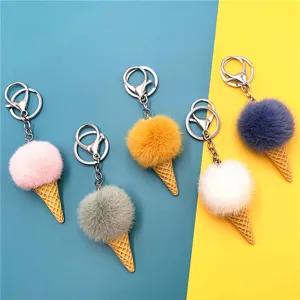 Cute Cartoon Ice Cream Cone Plush Keychain Faux Fur Ball Bag Pendant Charm For Students Girls Creative Gift Accessories