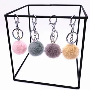 Cute candy-colored faux fur pom-pom keychains set for bags and car keys