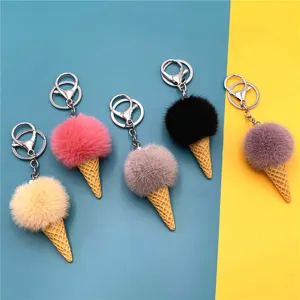 Colorful cute plush ice cream cone pom pom keychains for bag accessories and gifts