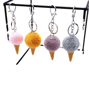 Cute plush ice cream cone keychains with colorful fuzzy pom poms for bags and keys