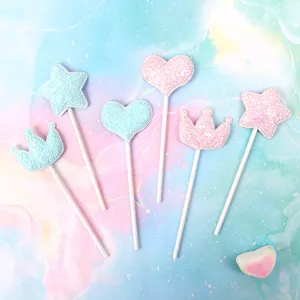 Decorazioni per Torta in Tessuto Glitterato Forma di Cuore Stella Corona Rosa Azzurro per Festa di Compleanno