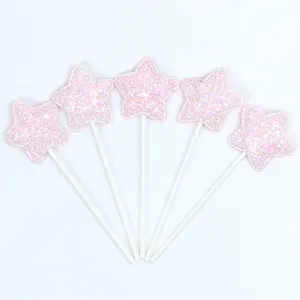 Set di 5 decorazioni per torta a forma di stella rosa glitterata