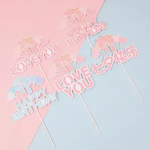 Hart Ballon Strik Taarttopper Love You Happy Birthday Papieren Taart Decoratie Voor Bruiloft Valentijnsdag Verjaardag Feest