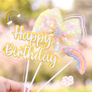 Set di topper per torta Happy Birthday con fiocco di paillettes e arcobaleno scintillante