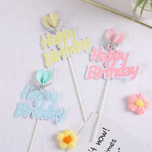 Set of cute 3D bunny ear Happy Birthday cake toppers in pastel pink, blue and yellow