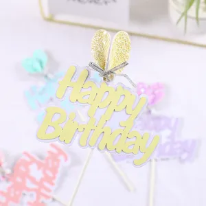 Adorable 3D gold glitter bunny ears Happy Birthday cake topper set in pastel yellow theme