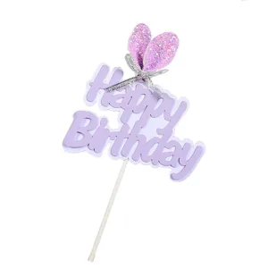 Lavender Happy Birthday cake topper with glittery 3D bunny ears and silver bow