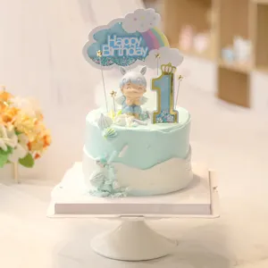 Creative Glitter Rainbow Cloud Happy Birthday Cake Topper Star Crown Number Decorative Toppers For Birthday Party Cake Decoration