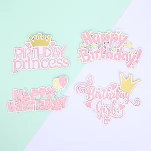 Pink and gold princess theme happy birthday cake toppers set
