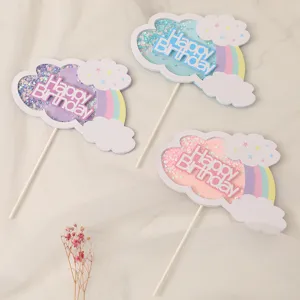 Rainbow cloud cake toppers with sequins and Happy Birthday text in blue pink and purple