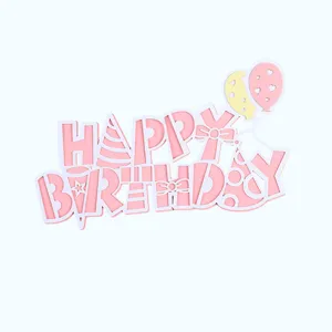 Cute pink Happy Birthday cake topper with balloon and party hat design for kids' party