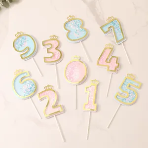 Crown Number Birthday Cake Toppers 0-9 Glitter Sequins Cupcake Topper Pink Blue Party Cake Decor Supplies