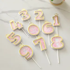 Pink glitter number 0-9 cake toppers with gold crowns for birthday party decorations