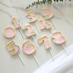 Pink glitter 0-9 number cake toppers with golden crown for birthday party decoration