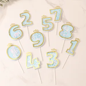 Set of creative glitter number cake toppers 0-9 with gold crown in pink and blue