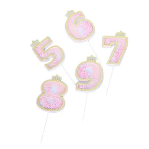 Pink glitter number cake toppers 5-9 with gold crown for birthday party decoration