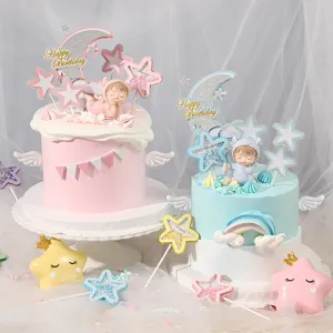 Decorazione per Torte Angelo Mucca Neonato Statuina in Resina Brillantini Paillettes Stella Luna Decorazione per Compleanno Bambino
