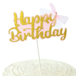 Sparkling gold glitter Happy Birthday cake topper with pink ribbon bow and pearl