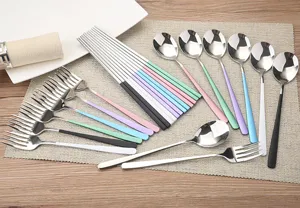 Detail of 304 stainless steel Korean cutlery set with vibrant colorful painted handles