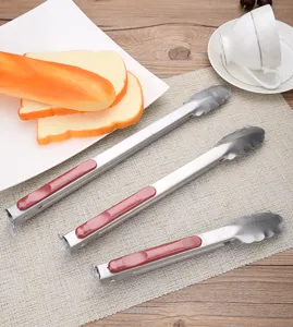 Professional stainless steel food tongs with red handles in three different sizes.
