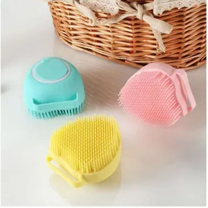 Silicone pet bath brush detail view, soft massage bristles for dogs and cats grooming.