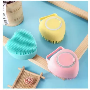Silicone pet bath brush with soft bristles and dispenser for dogs cats and massage care.