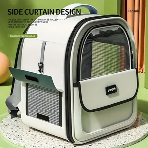 Sac à dos transporteur pour animal respirant avec fenêtre transparente et rideau latéral.