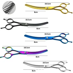 Curved pet grooming scissors detail view with size and serrated blade close-up design.