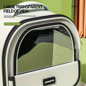 Vue détaillée du sac à dos pour animal de compagnie blanc avec fenêtre transparente et filet.