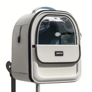 Vue détaillée du sac à dos respirant pour animal avec fenêtre transparente et bretelles.
