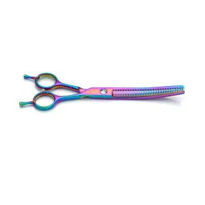 Curved stainless steel pet grooming scissors with colorful titanium coating and teeth blade.