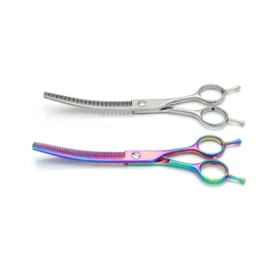 Pet grooming curved thinning scissors set, stainless steel and rainbow pet hair cutting tools for dogs.