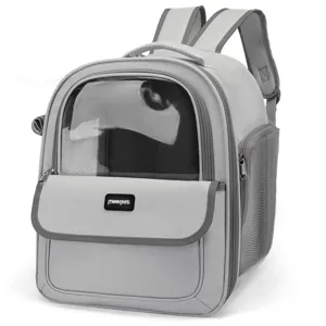 Sac à dos gris pour animaux avec fenêtre transparente et côtés en filet pour chats.