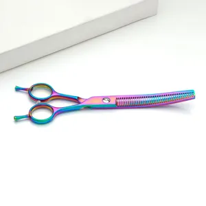 Professional rainbow pet grooming curved thinning shears for dogs and cats fur cutting tool.