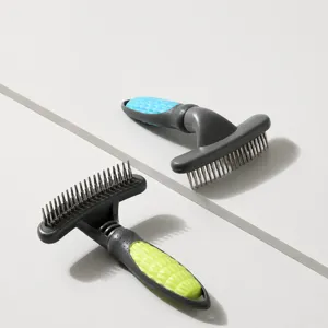 Professional pet grooming rake comb with double row metal pins and ergonomic handle for cats dogs.