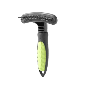 Professional pet undercoat rake and dematting comb for dogs and cats, ergonomic grip.