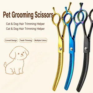 Pet grooming scissors, curved thinning shears set for dogs and cats in multiple colors.