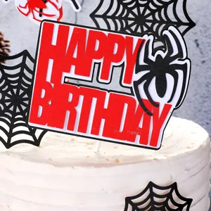 Topper per torta Happy Birthday rosso con tema ragno e ragnatela nera