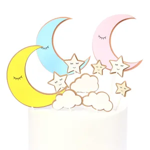 Colorful moon star and cloud cake topper set with sleepy faces for birthday parties