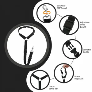 Detail view of pet seat belt, featuring metal rotating hook and adjustable strap length.