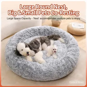 Large round fluffy pet bed, warm and thick plush cushion for dogs and cats, cozy multi-pet resting.