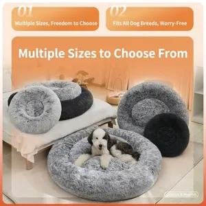 Fluffy round pet bed detail, cozy long plush dog bed, warm winter cat mat in grey and black.