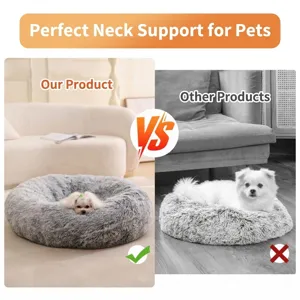 Plush round pet bed detail, cozy thick fluffy cat and dog cushion with neck support.