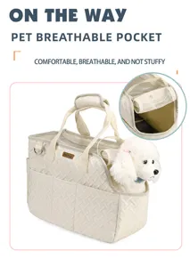 Detailed view of the breathable pet carrier bag with mesh opening and quilted design.