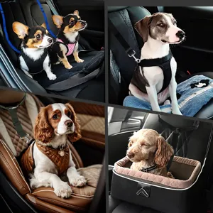 Pet car safety harness details showing dogs in car seats using secure adjustable strap belts.